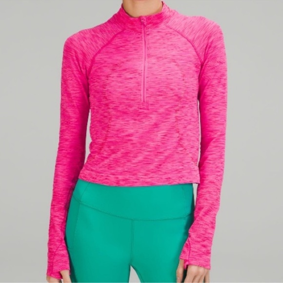 RARE Lululemon Lim Ed Swiftly Tech Half-Zip 2.0 Race Crop Chroma Check Pow Pink - Picture 1 of 8